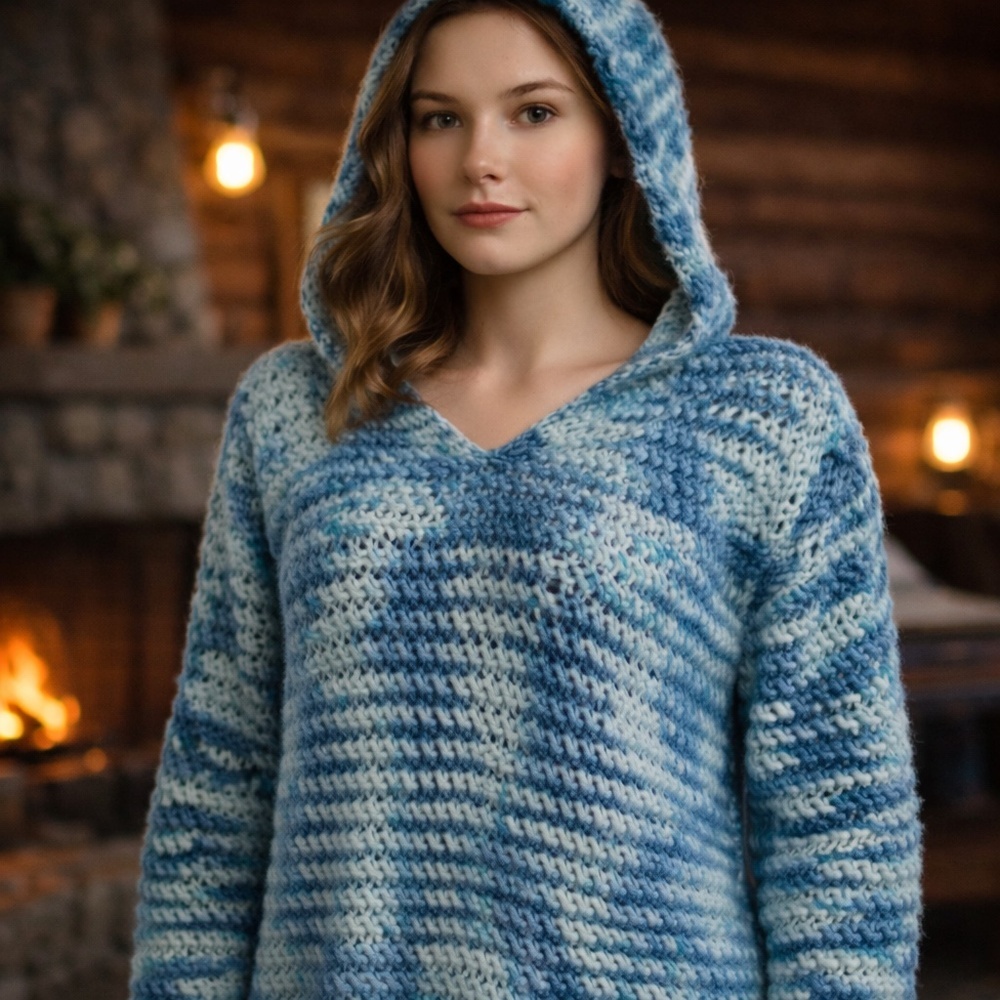HANDMADE‎ Blue Teal Chunky Crochet Hooded Sweater Cozy Boho Medium